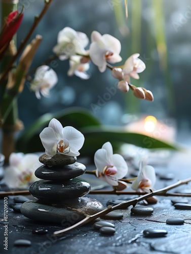 A soothing spa background with bamboo, orchids, and a Zen stone stack, ample copy space photo