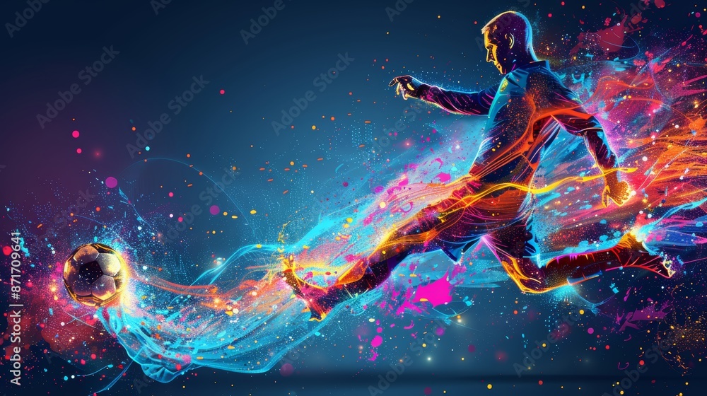 Naklejka premium Abstract colorful illustration of a soccer player kicking a ball, with dynamic lines and vibrant colors.