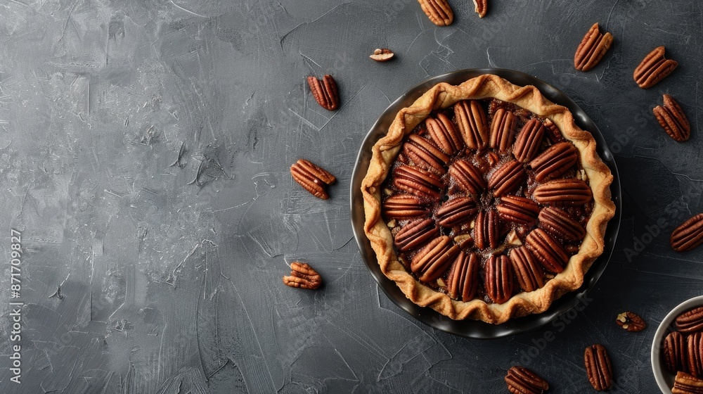 Pie dessert with pecans on grey backdrop Pie dessert with pecans on grey backdrop