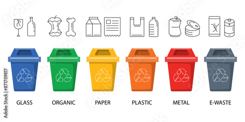recycle bin separate. garbage different types. waste separation plastic,paper,metal,organic,glass,e waste. recycling infographic. isolated on white background. vector illustration flat design.