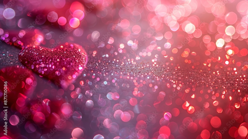 A red heart with sparkling glitter on a bokeh background of pink and red. A red heart with sparkling glitter on a bokeh background of pink and red.