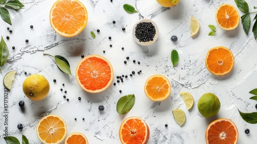 Top down view of appealing arrangement with caviar and citrus on neutral surface