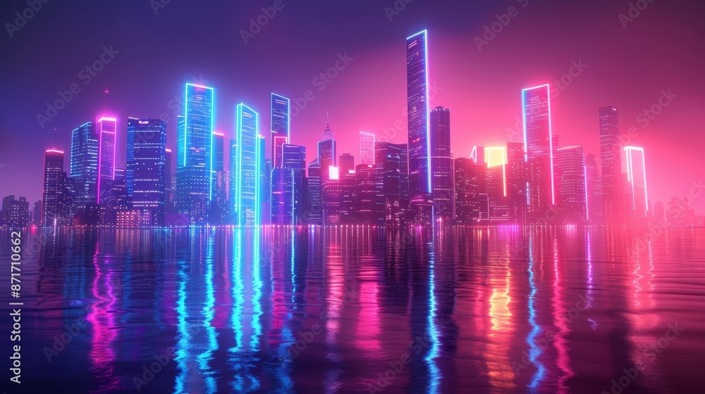 A futuristic cityscape illuminated by vibrant neon lights, reflected in a still body of water. A futuristic cityscape illuminated by vibrant neon lights, reflected in a still body of water.