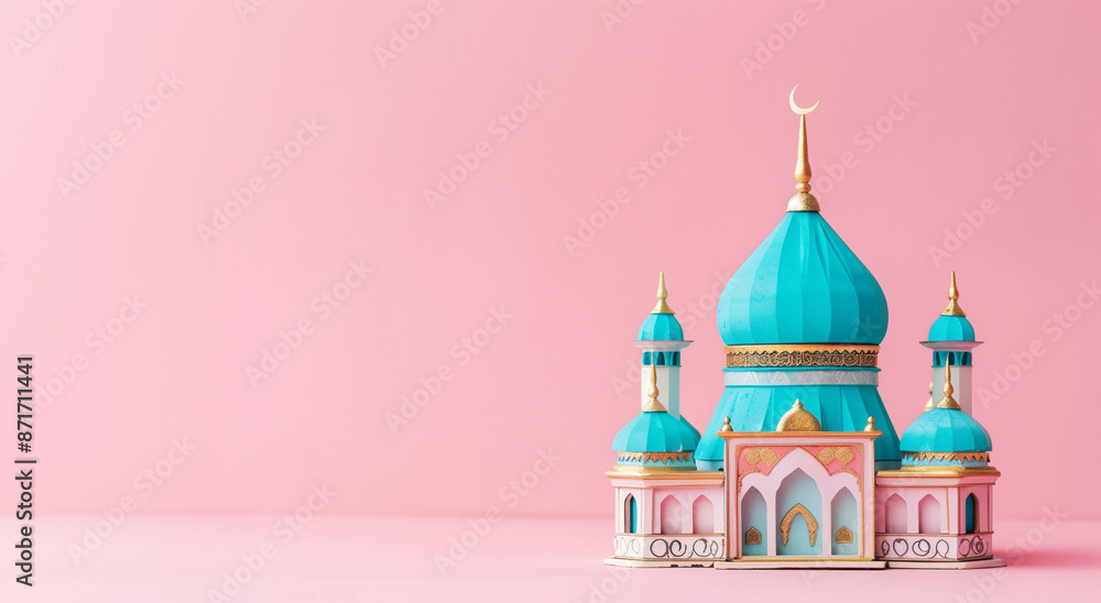 Miniature mosque isolated on pink background with copy space for Islamic celebration day ramadan kareem or eid al fitr adha Miniature mosque isolated on pink background with copy space for Islamic celebration day ramadan kareem or eid al fitr adha