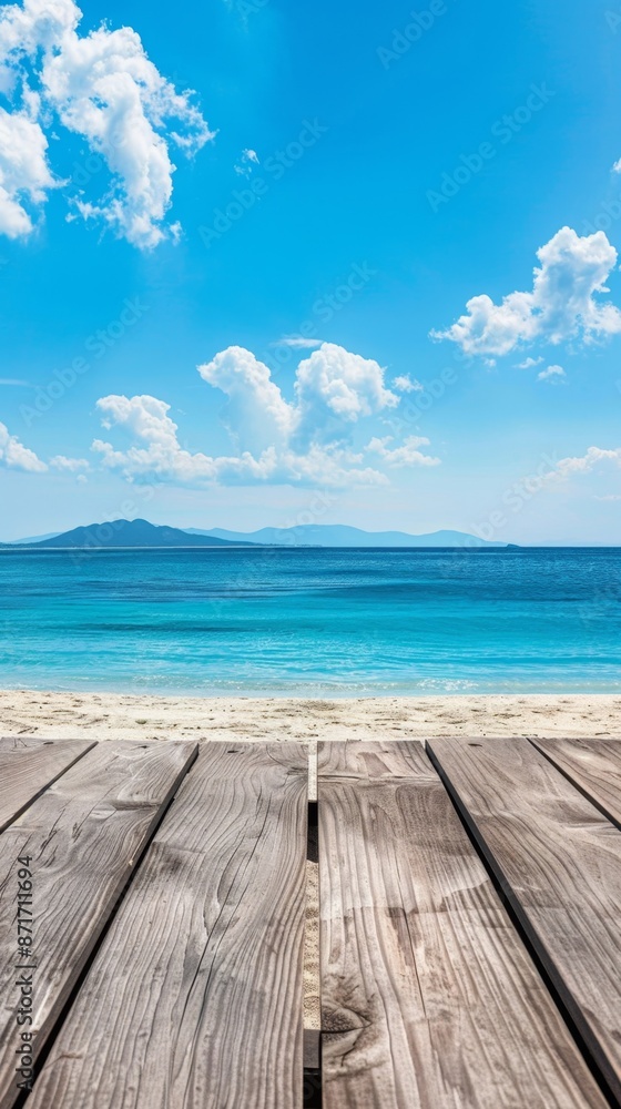 Fototapeta premium High-Resolution AI-Generated Wallpaper Featuring a Summer Beach and Ocean View with a Free Space Desk, Perfect for a Relaxing and Inspiring Background