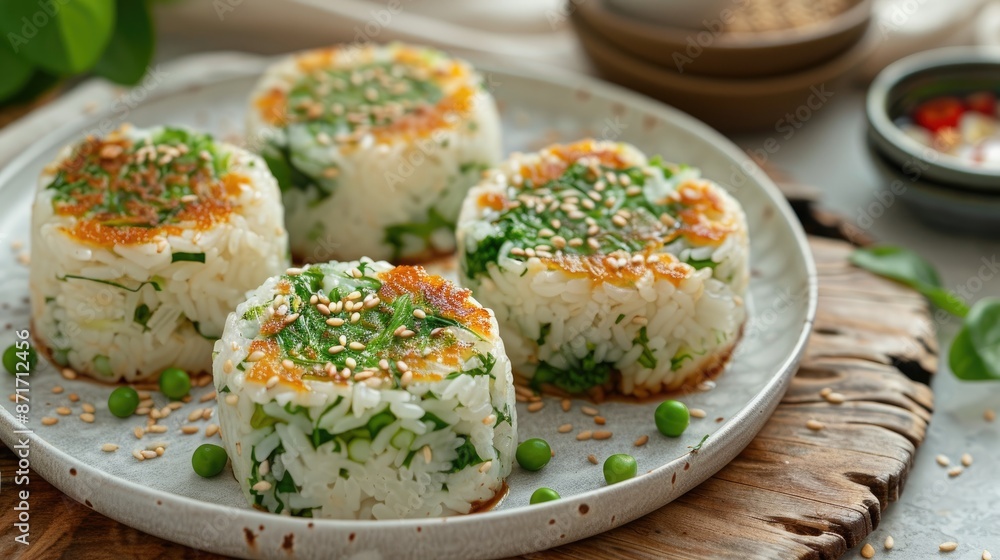 Plate with 3 warm mini green bean rice cakes sprinkled with sesame seeds Plate with 3 warm mini green bean rice cakes sprinkled with sesame seeds
