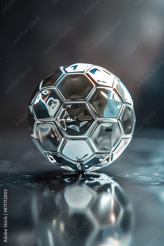 Naklejka premium Soccer ball made of silver on black background. Generative Ai