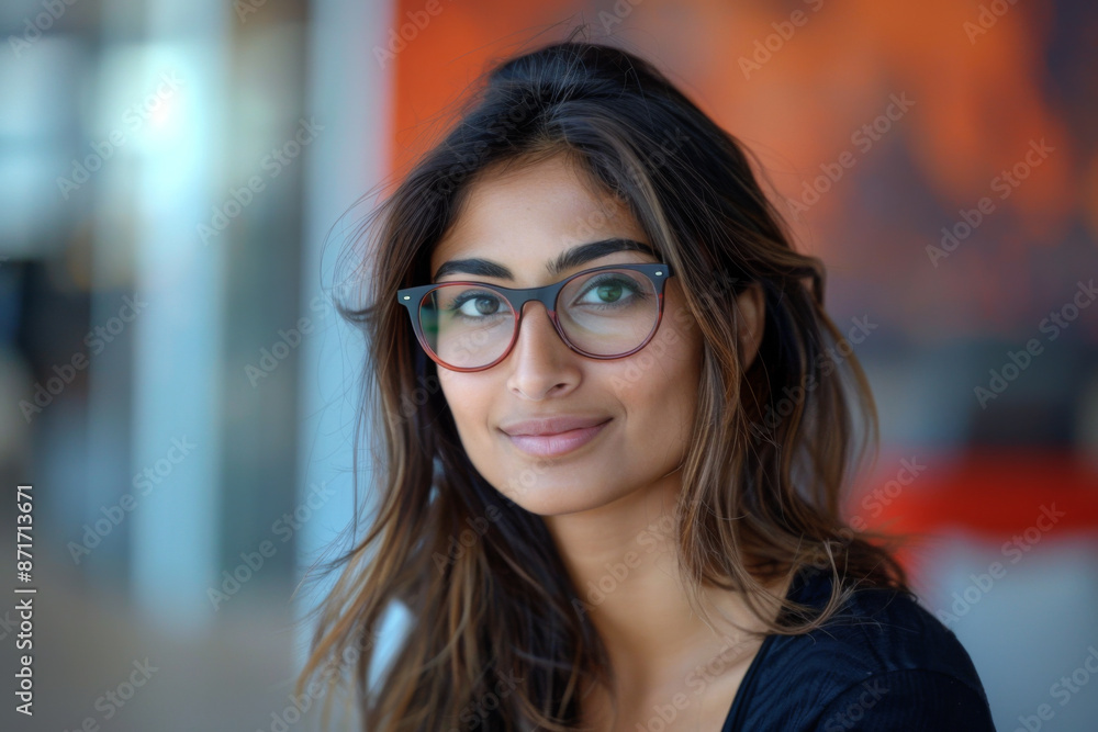 Portrait of a smart young woman of Indian ethnicity against a blurred office background Portrait of a smart young woman of Indian ethnicity against a blurred office background