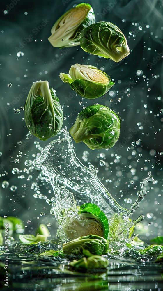 Dynamic shot of fresh brussels sprout being splashed with water, showcasing fresh and vibrant vegetable. Ideal for healthy food-related content. Dynamic shot of fresh brussels sprout being splashed with water, showcasing fresh and vibrant vegetable. Ideal for healthy food-related content.