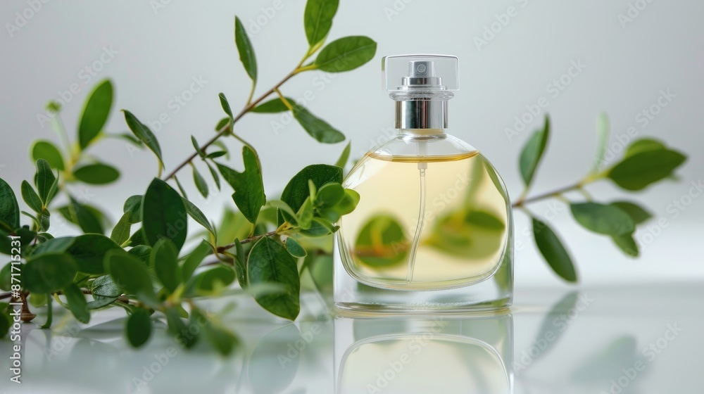 Perfume bottle and fresh green twig Fragrance and freshness idea Perfume bottle and fresh green twig Fragrance and freshness idea