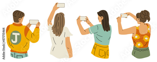 A set of characters taking a photo or video on a phone. View from the back. Shooting a bright event, friends, a beautiful landscape. Vector illustration of a modern flat style