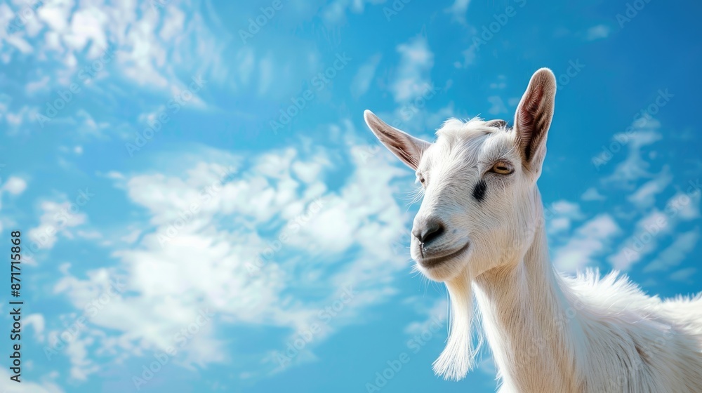 Obraz premium White goat portrait against bright blue sky with clouds empty area
