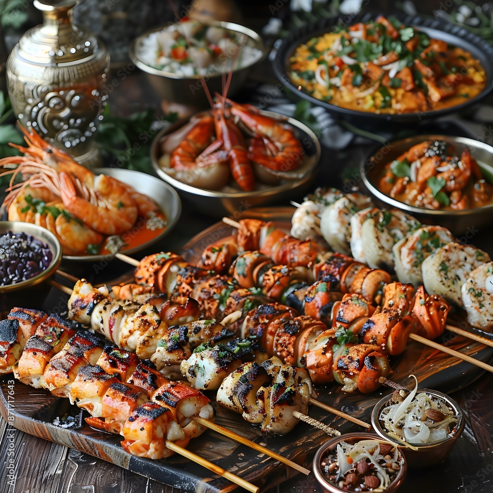 Seafood Skewers with Various Garnishes on a Wooden Board Seafood Skewers with Various Garnishes on a Wooden Board