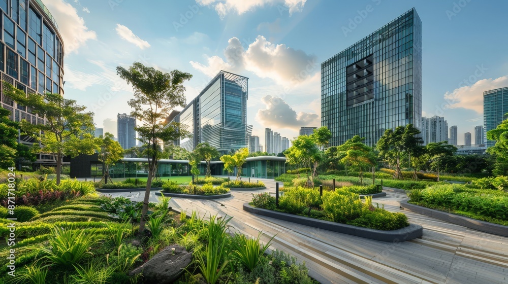 Modern Cityscape with Lush Greenery and Winding Pathways Modern Cityscape with Lush Greenery and Winding Pathways