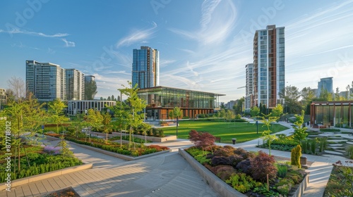 Modern City Park with Glass Building and Skyscrapers