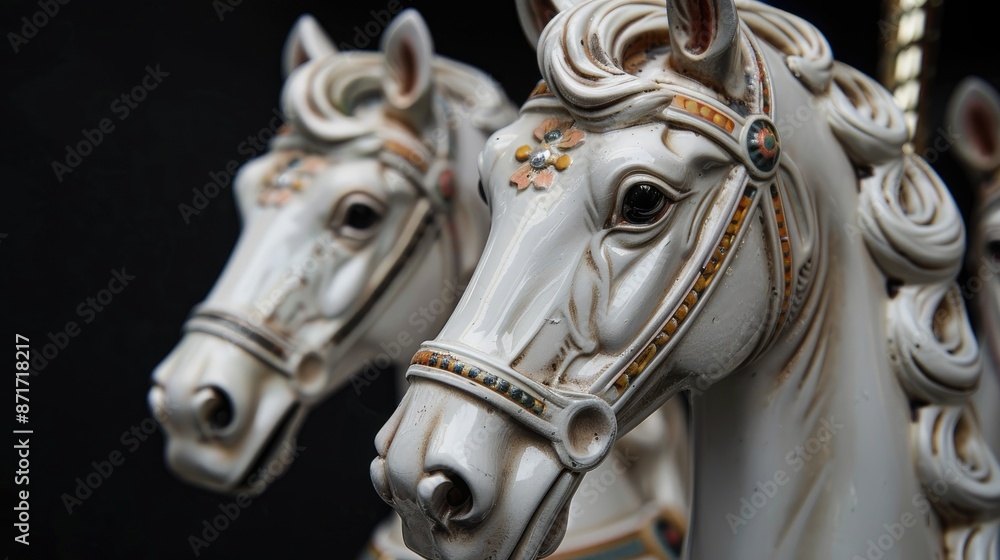 Two white carousel horses heads on black background Two white carousel horses heads on black background