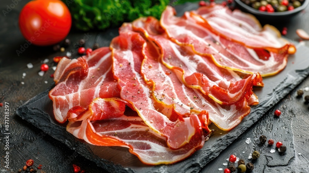 Rustic top view of fresh bacon slice as appetizer meal on table Rustic top view of fresh bacon slice as appetizer meal on table