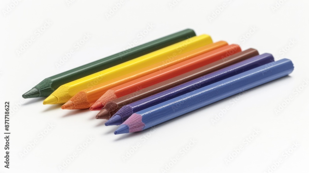 Six crayons in various colors on white paper for school tasks Six crayons in various colors on white paper for school tasks