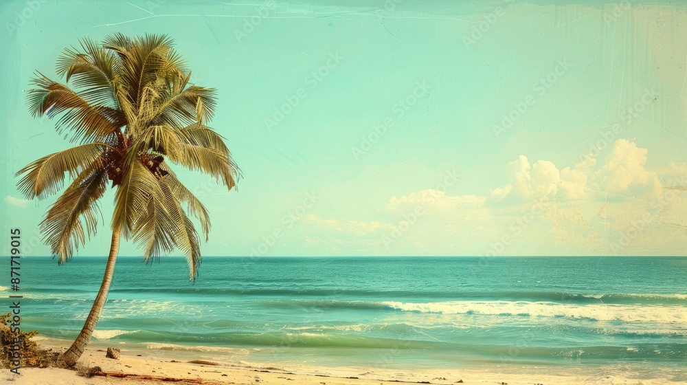 Fototapeta premium Vintage scene Palm tree by sandy beach and blue ocean under clear sky