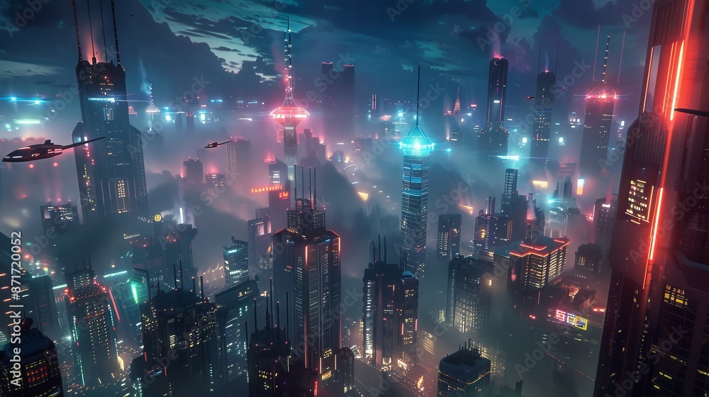 Obraz premium Futuristic cyberpunk cityscape with innovative skyscrapers, flying cars, and neon lights