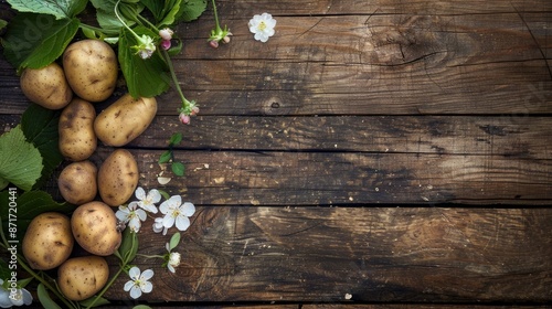 Fototapeta Naklejka Na Ścianę i Meble -  Young potatoes with flowers and leaves on outdoor wooden table
