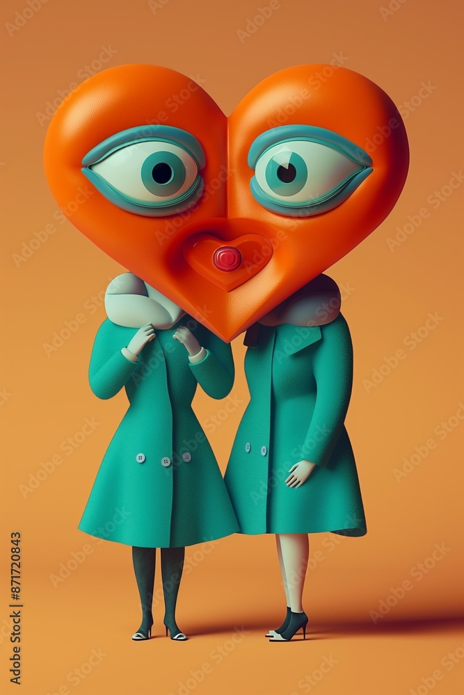 Fototapeta premium Two surreal, stylized characters with large eyes and heart motif, against a soft background. 