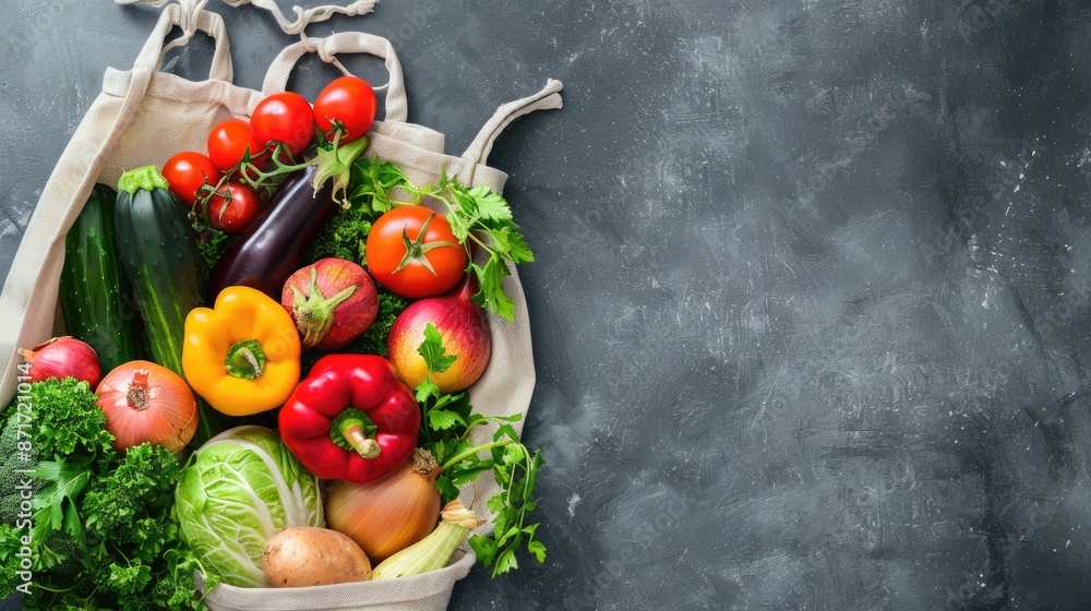 Shopping for groceries with a focus on sustainability Fresh produce in a reusable cotton bag Top view with space for text Shopping for groceries with a focus on sustainability Fresh produce in a reusable cotton bag Top view with space for text