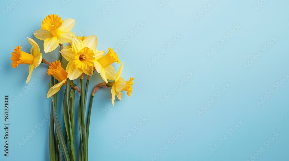 Yellow daffodils bouquet on blue background with text space Yellow daffodils bouquet on blue background with text space