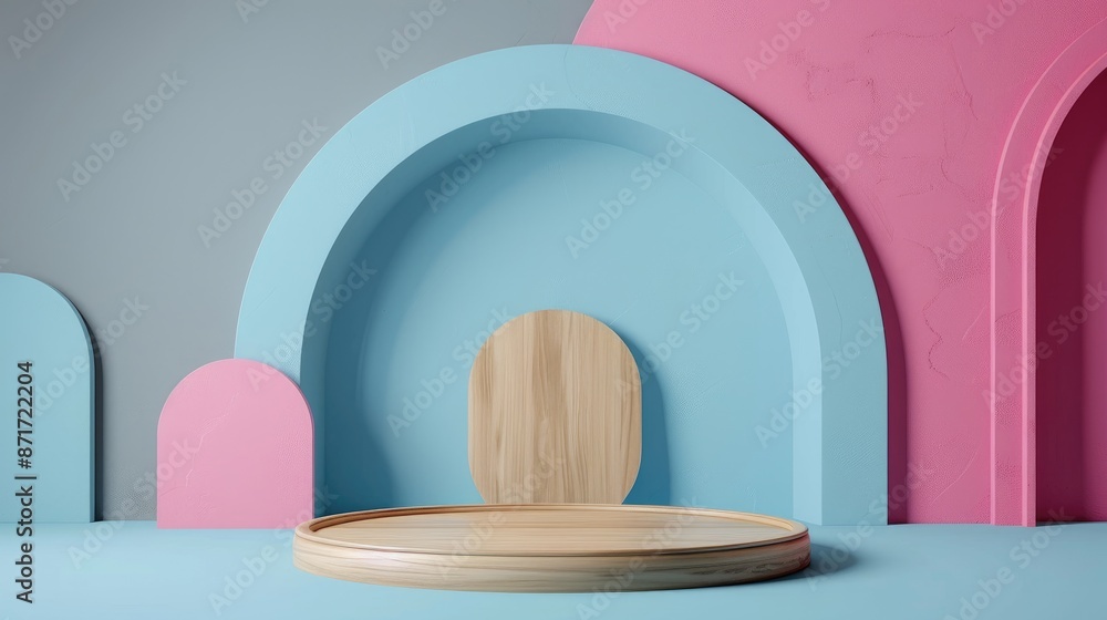 Stylish blue background with gray and pink arches wooden plate and geometric shapes Stylish blue background with gray and pink arches wooden plate and geometric shapes
