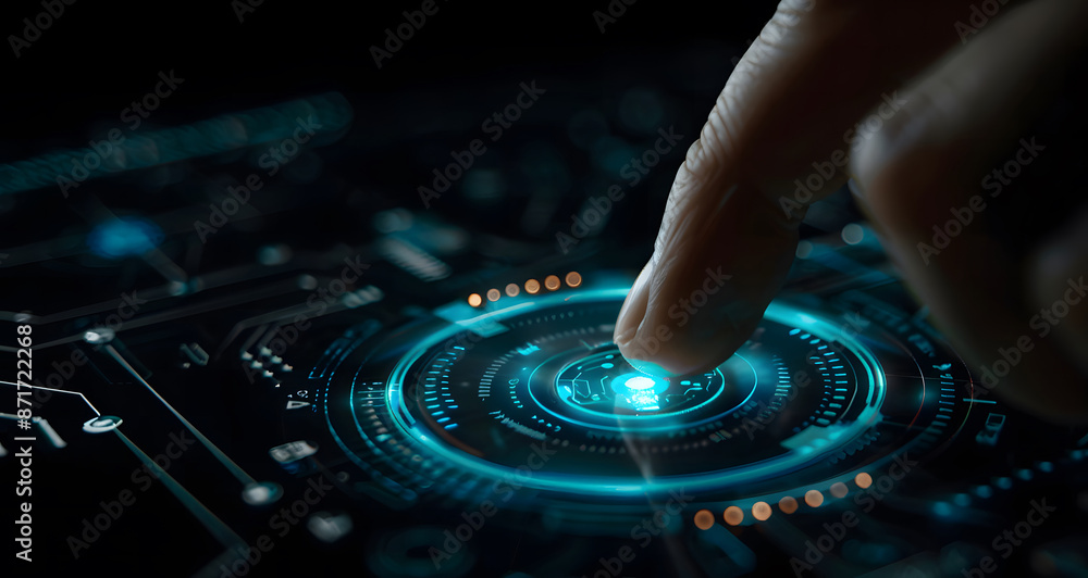 Obraz premium Biometric identity fingerprint scanner for personal financial access, digital application security, and cyber security concept design