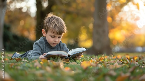 Young boy reading a book while laying on grass in a park during autumn. Fallen leaves surround him, creating a serene and focused atmosphere.