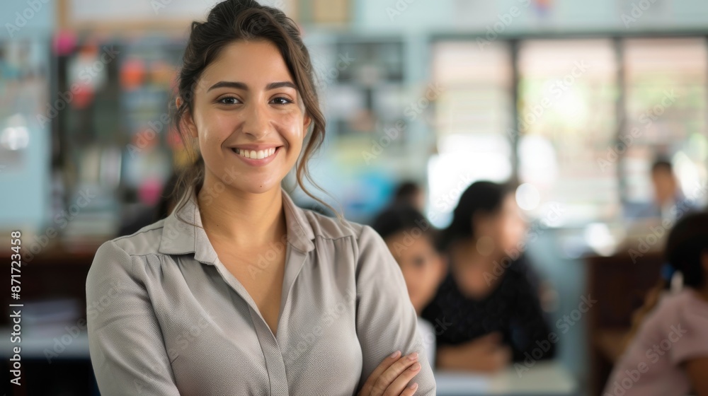 Confident Female Teacher Smiling in Classroom Setting with Students in Background Confident Female Teacher Smiling in Classroom Setting with Students in Background