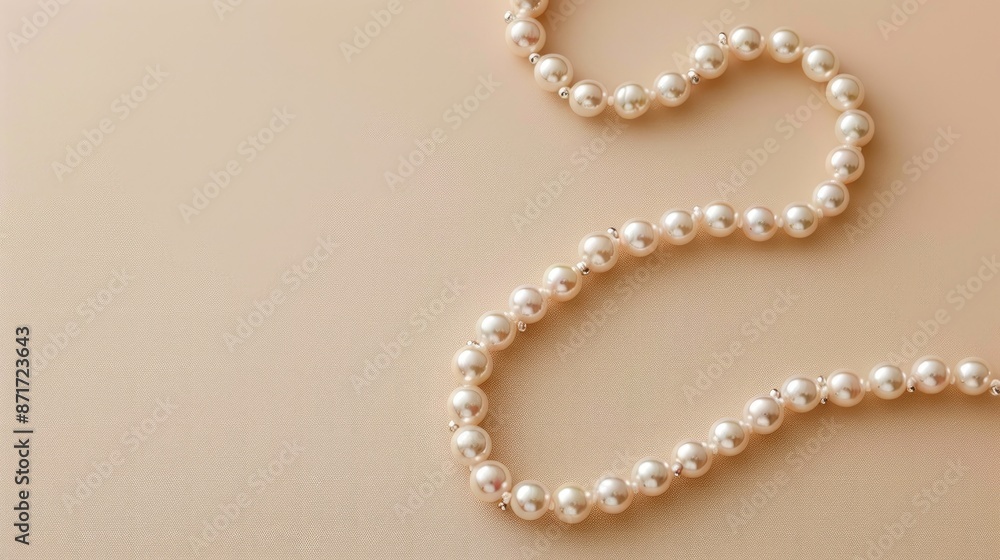 Obraz premium Pearl necklace displayed elegantly on beige background top down view Text space available
