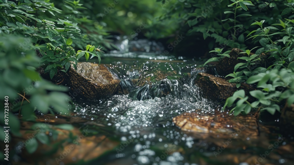 Tranquil stream flowing through lush greenery Tranquil stream flowing through lush greenery
