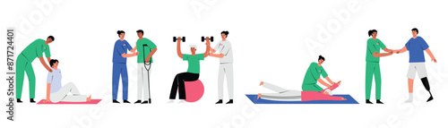 Set with people doing exercises with doctors at the physiotherapy rehabilitation clinic. Physical activities for fast recovery. Hand drawn vector illustrations, isolated on white