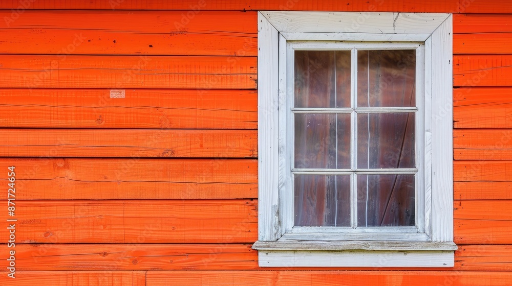 White framed window on orange wooden wall background White framed window on orange wooden wall background