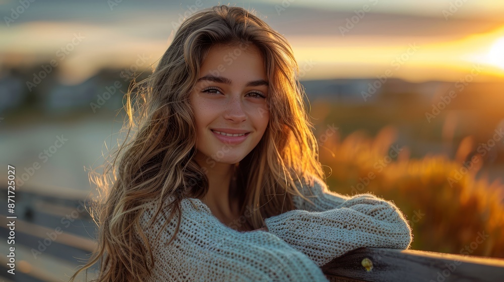 Smiling woman in knit sweater at sunset Smiling woman in knit sweater at sunset