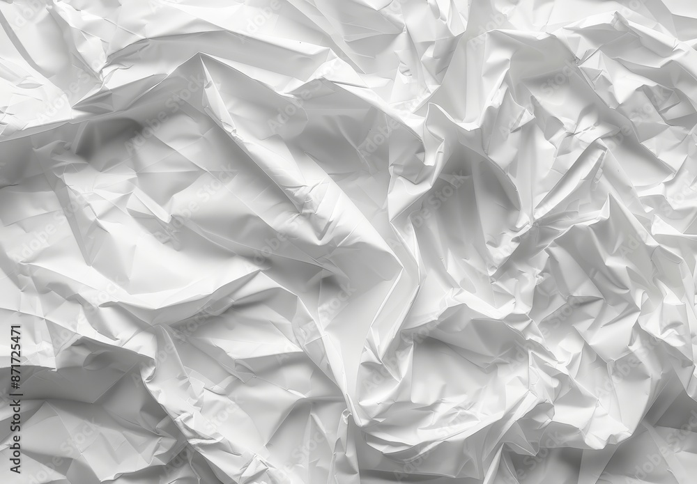 A plain white crumpled paper texture background is used for the mock-up of a white paper sticker poster concept on a wall.