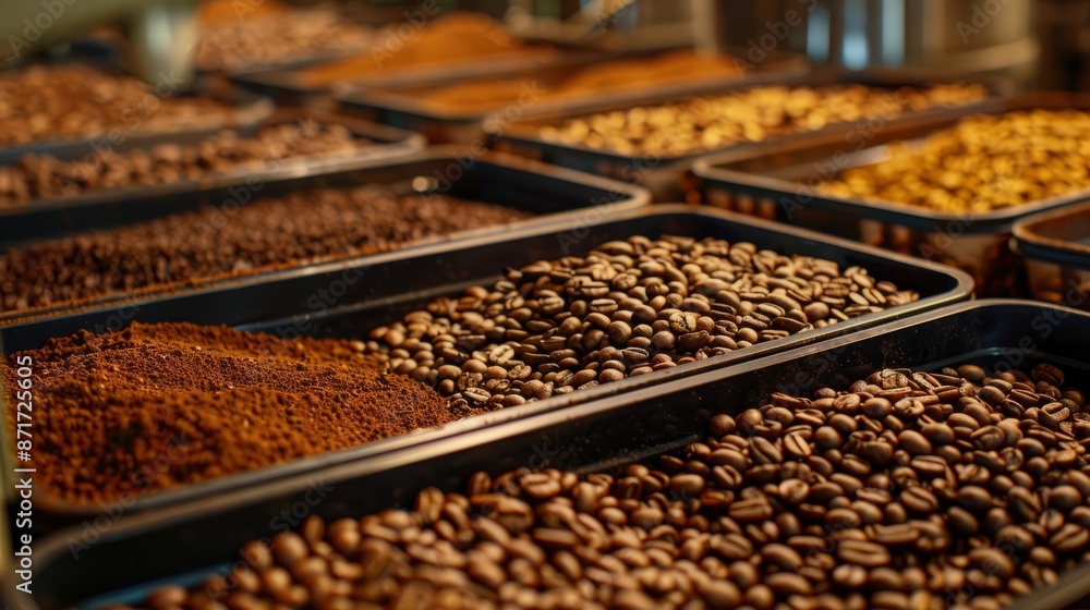 Rows of coffee beans in trays