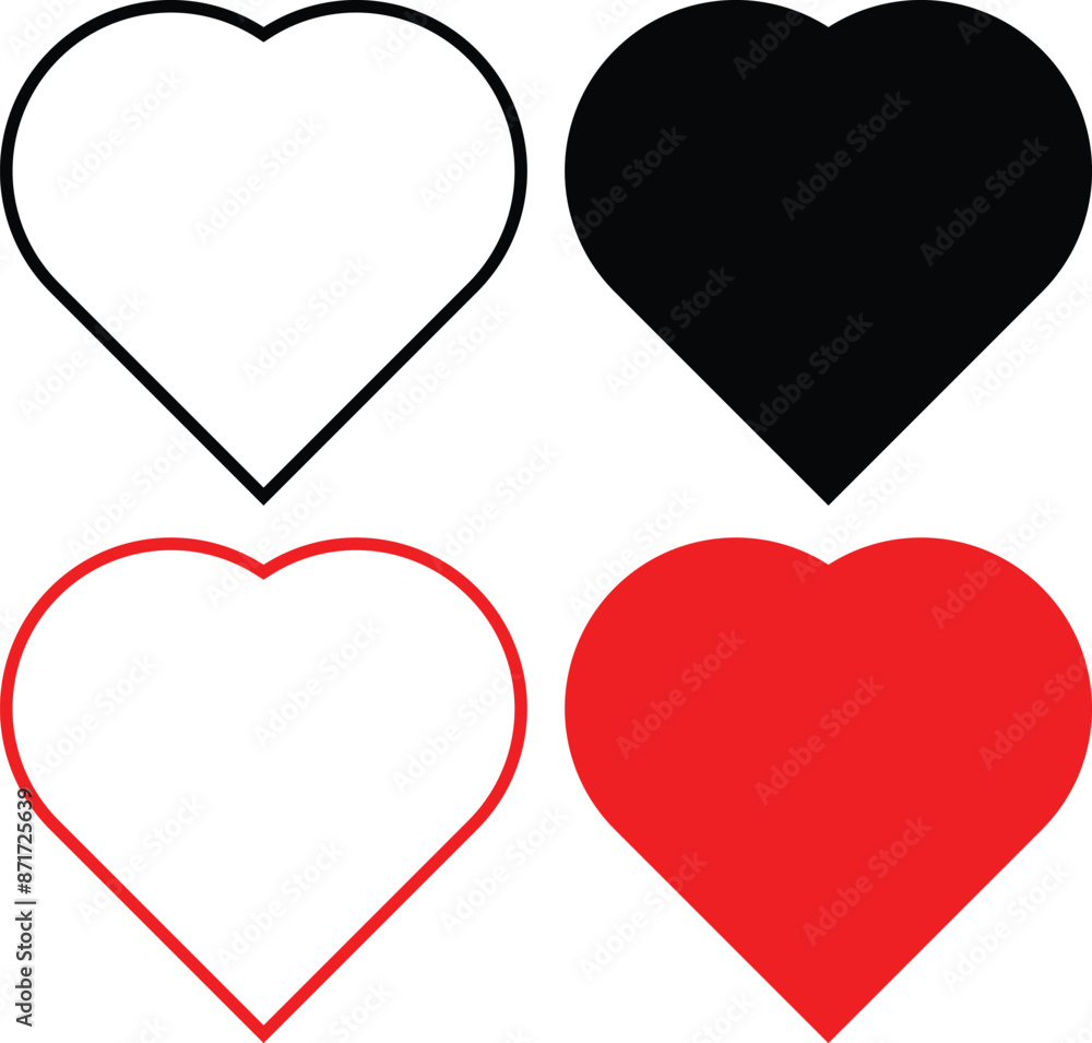 Red and black heart icons set vector. Heart vector icons. Set of Various simple love symbols icon isolated. Red and black heart icons set vector. Heart vector icons. Set of Various simple love symbols icon isolated.