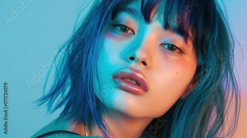 Close-up of a young Asian woman with blue hair, pink eye makeup, and freckles, highlighting vibrant beauty. Generative ai © Gelpi