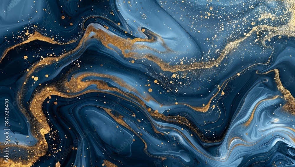 Gold splashes on a blue background create an abstract marble texture Gold splashes on a blue background create an abstract marble texture