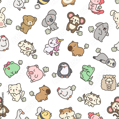 Cute and funny farting animals. Seamless pattern. Cartoon characters. Hand drawn style. Vector drawing. Design ornaments.