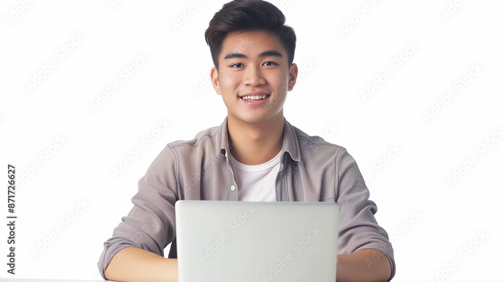 Asian businessman smiling and feeling happy working with laptop, isolated on white background Asian businessman smiling and feeling happy working with laptop, isolated on white background