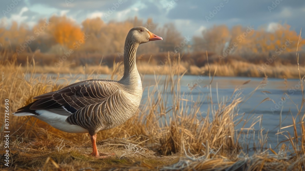 Greylag goose by a river in autumn Greylag goose by a river in autumn