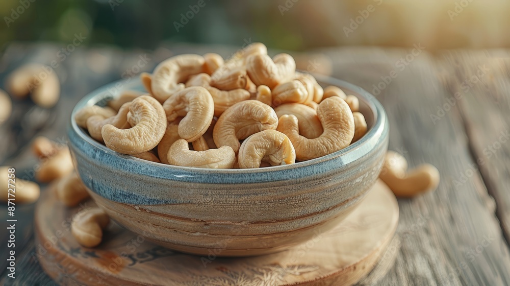 Cashew nuts in a ceramic bowl on a wooden table Cashew nuts in a ceramic bowl on a wooden table