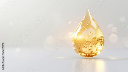 Golden oil droplet with molecular structure inside isolated on white background high resolution