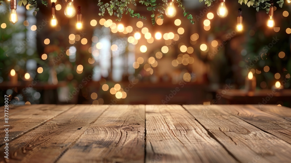 Rustic wooden tabletop with bokeh lights in a restaurant Rustic wooden tabletop with bokeh lights in a restaurant