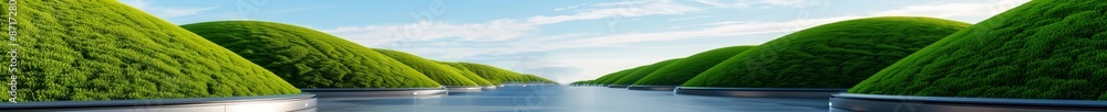 Fototapeta premium futuristic landscape with green hills, metal pathway, and cloudy sky.