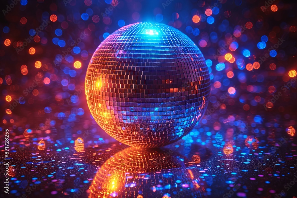 Obraz premium Disco ball with a blue and orange background surrounded by a lot of sparkles and reflections